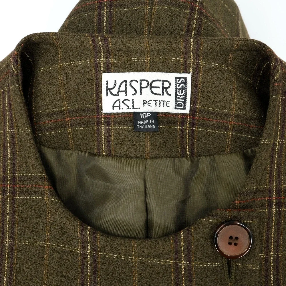 Kasper ASL Jacket Dress Petites 10P Green Plaid Tweed Pockets Lined Career Vtg - Picture 16 of 16